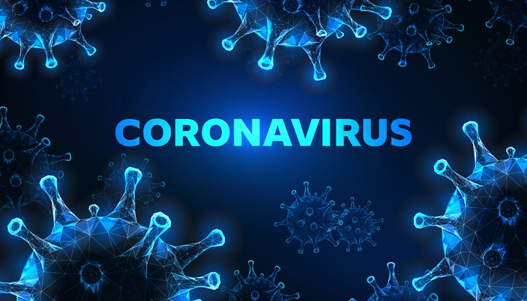 Futuristic glowing low polygonal coronavirus cells banner on dark blue background.