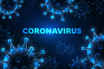 Futuristic glowing low polygonal coronavirus cells banner on dark blue background.