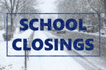 Text SCHOOL CLOSINGS and snowy street on background