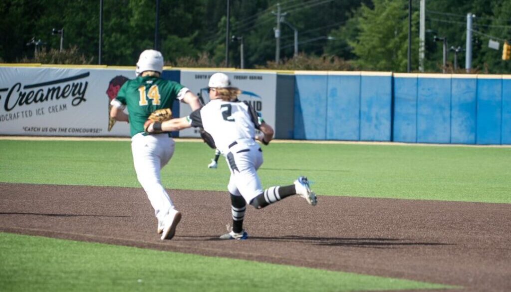 UCA baseball Ben Medinger tags out runner June2023