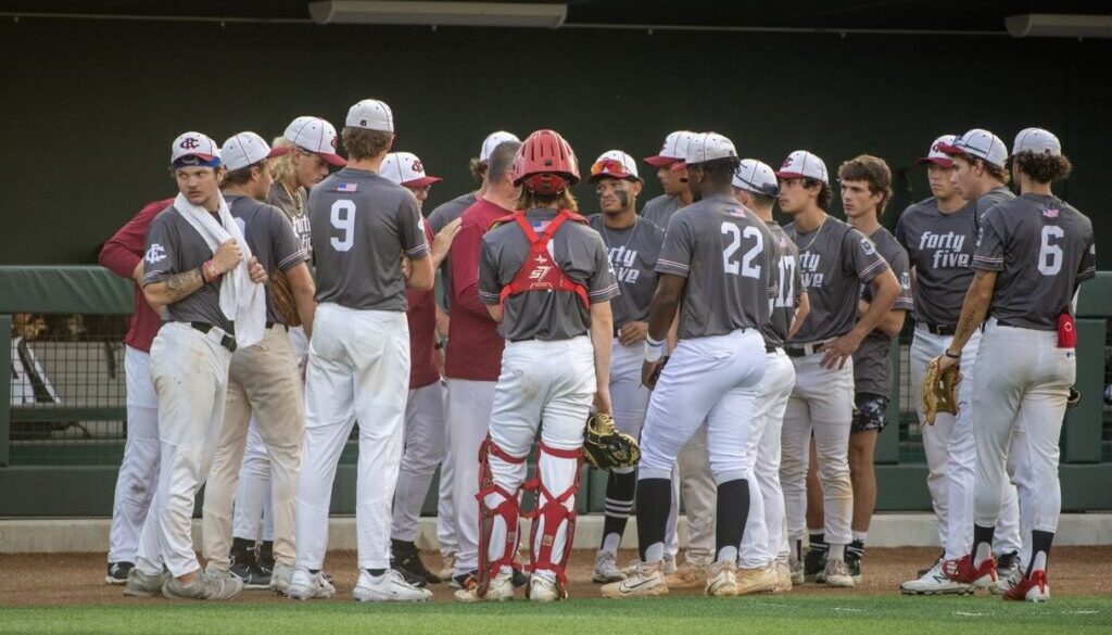 Post 45 team gathers after Game 3 loss at Rowan County July2023