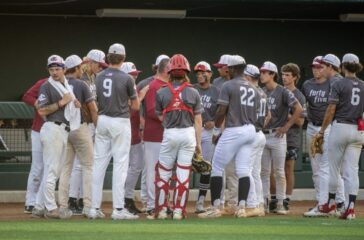 Post 45 team gathers after Game 3 loss at Rowan County July2023