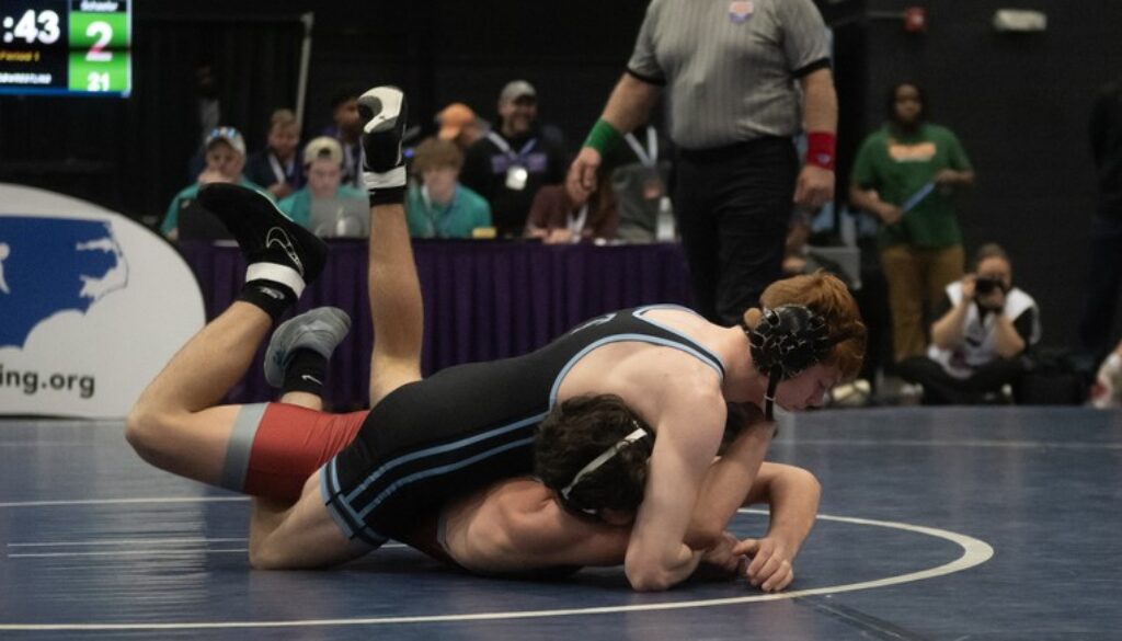 Trinity wrestler Bear Scheafer v Seaforth in 2024 dual final