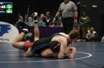Trinity wrestler Bear Scheafer v Seaforth in 2024 dual final
