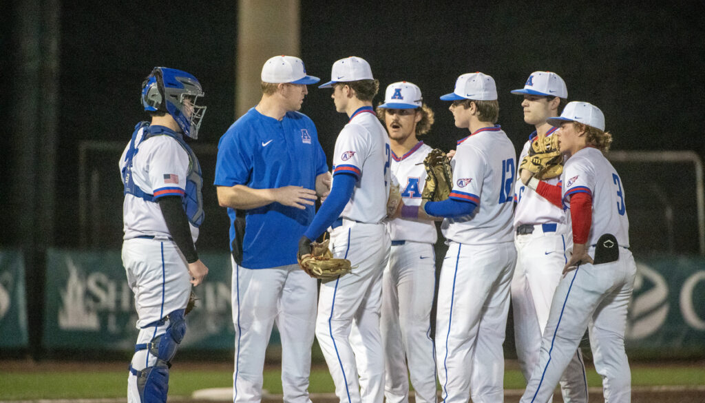 Asheboro baseball coach Brett Hoogkamp at mound March2024