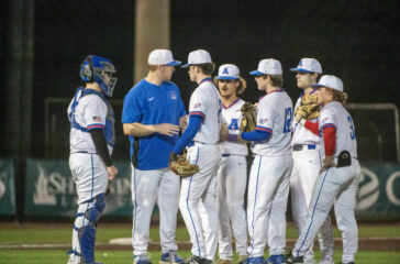 Asheboro baseball coach Brett Hoogkamp at mound March2024