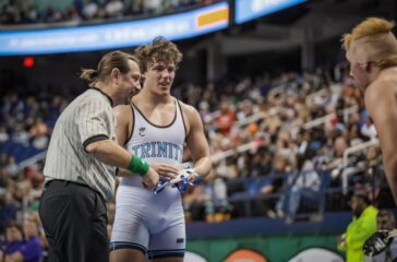 Trinity wrestling Gavin Hardister at end of title bout2024