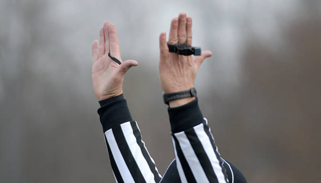 American football referee signals a touchdown.