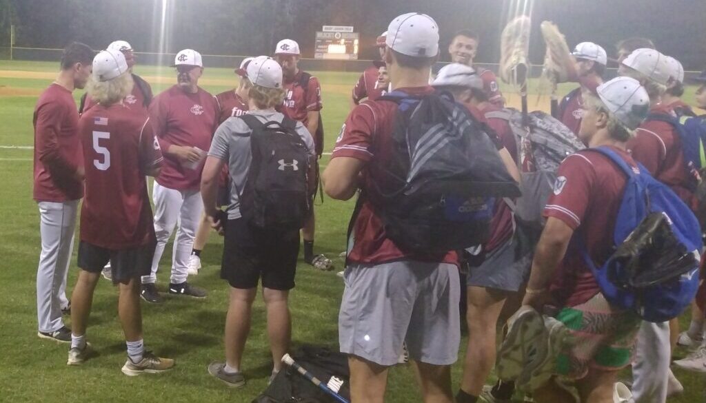 Post 45 huddle after July 1 2025 win at Post 81