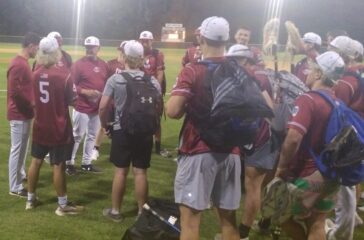 Post 45 huddle after July 1 2025 win at Post 81