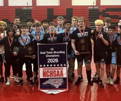 Trinity wrestling team after dual team title in Feb2026
