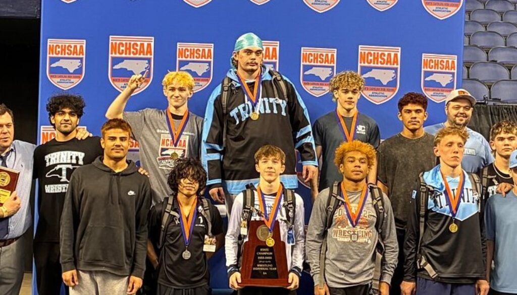 Trinity wrestling team group photo after 2026 individual states
